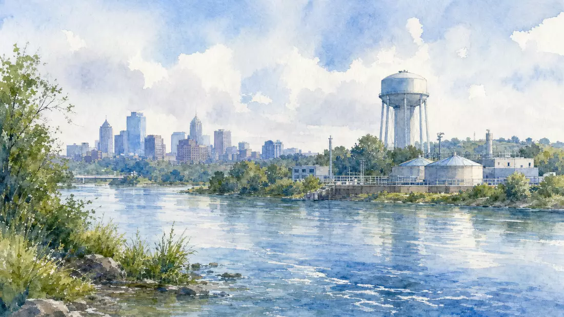 Aquarellmalerei einer Stadtlandschaft am Fluss mit Wasserturm und Aufbereitungsanlage