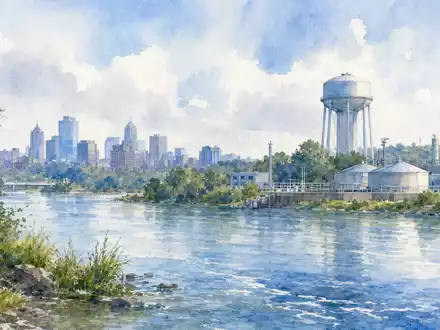 Aquarellhafte Flusslandschaft mit Wasserturm veranschaulicht Xylem Inc. (US98419M1009) im Bereich nachhaltiger urbaner Wasserversorgung - Foto: THN