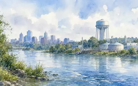 Aquarellhafte Flusslandschaft mit Wasserturm veranschaulicht Xylem Inc. (US98419M1009) im Bereich nachhaltiger urbaner Wasserversorgung - Foto: THN