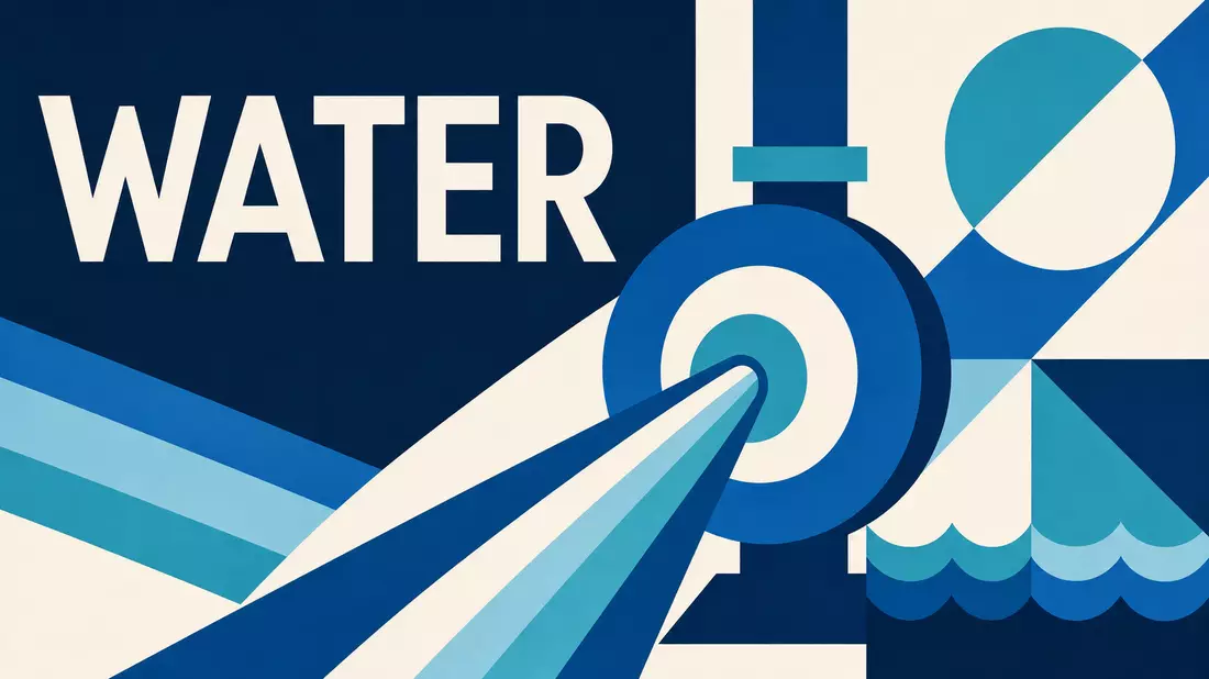 Geometrisches Bauhaus-Poster in Blautönen mit Schriftzug WATER und Wellenmuster