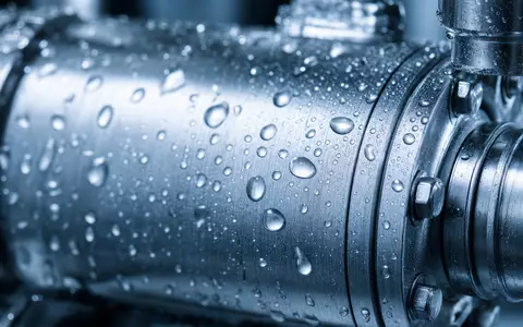 Makroaufnahme von Wassertropfen auf Edelstahl zeigt technische PrĂ€zision, fĂŒr die Xylem Inc. (US98419M1009) steht - Foto: THN
