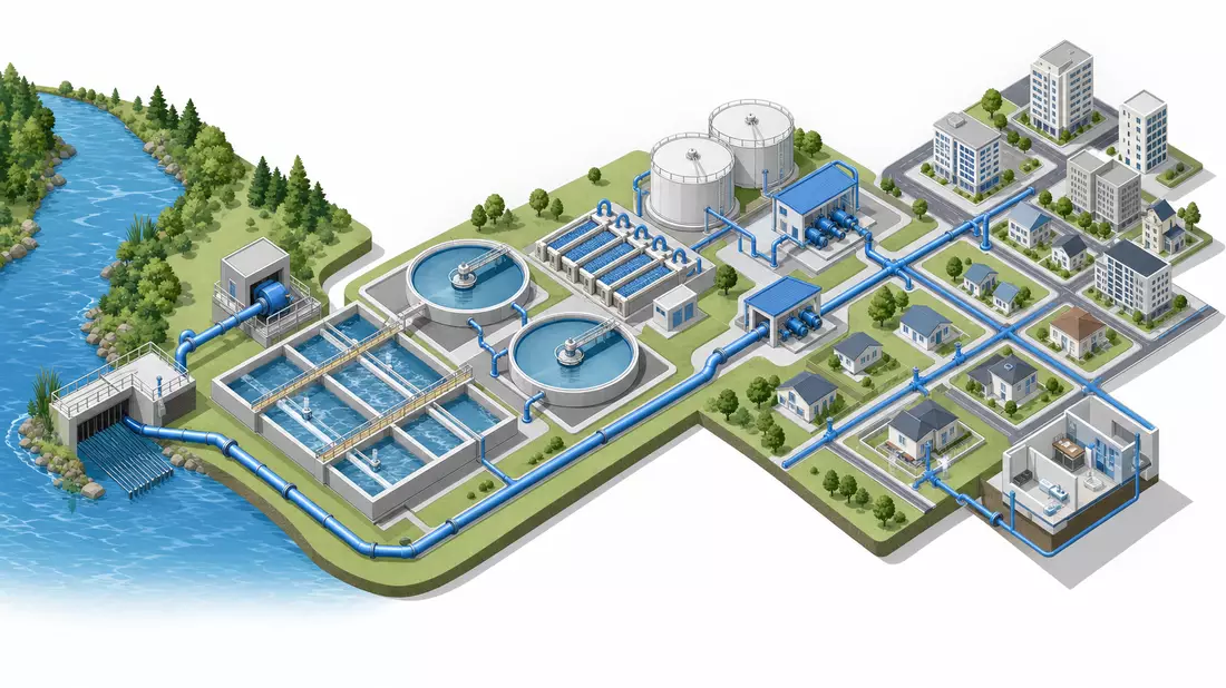 Isometrische 3D-Illustration einer Wasseraufbereitungskette von Fluss bis Wohngebiet