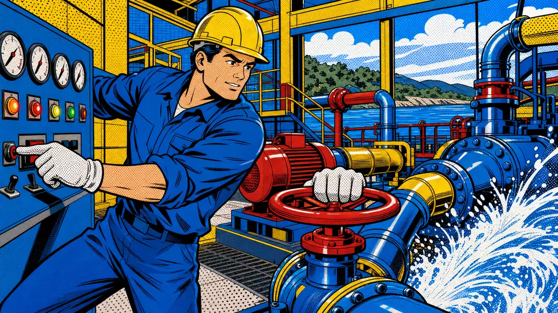 Pop-Art-Comic zeigt Ingenieur an bunter Pumpenstation mit spritzendem Wasser