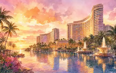 Wynn Resorts Ltd (US9831341030) prägt mit ihren Resort-Türmen tropische Küstenlandschaften in warmen Aquarellfarben - Foto: THN
