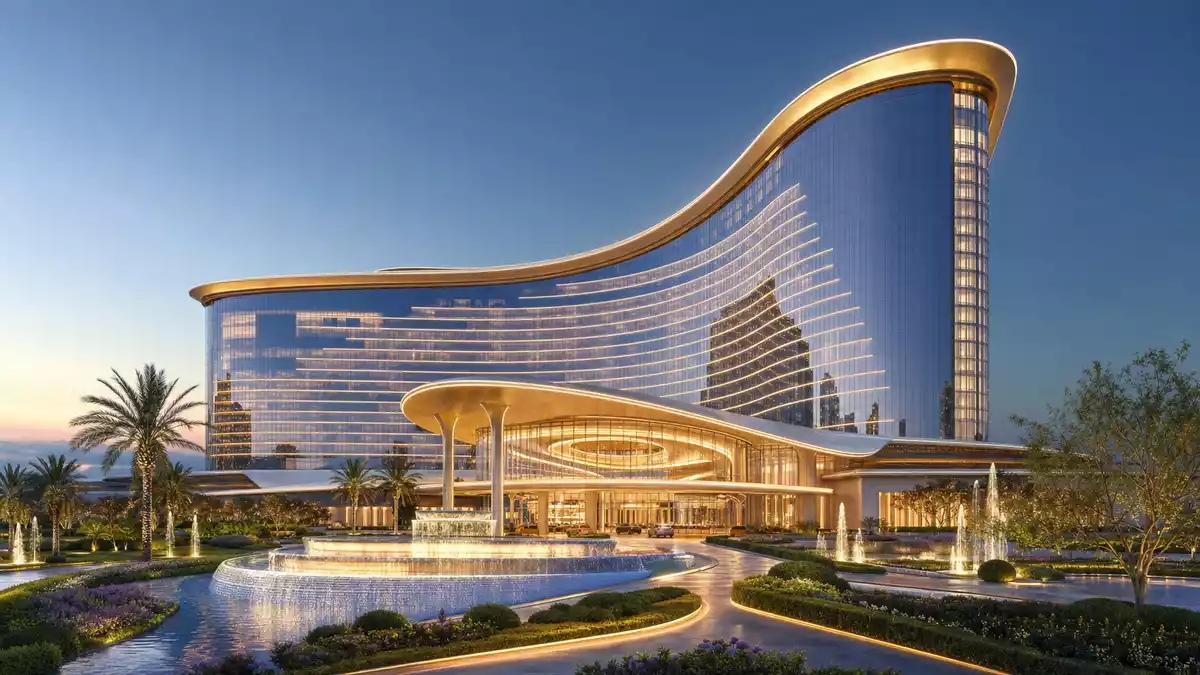 Architektur-Render eines modernen Luxus-Hotelturms mit Glasfassade und Fontänen