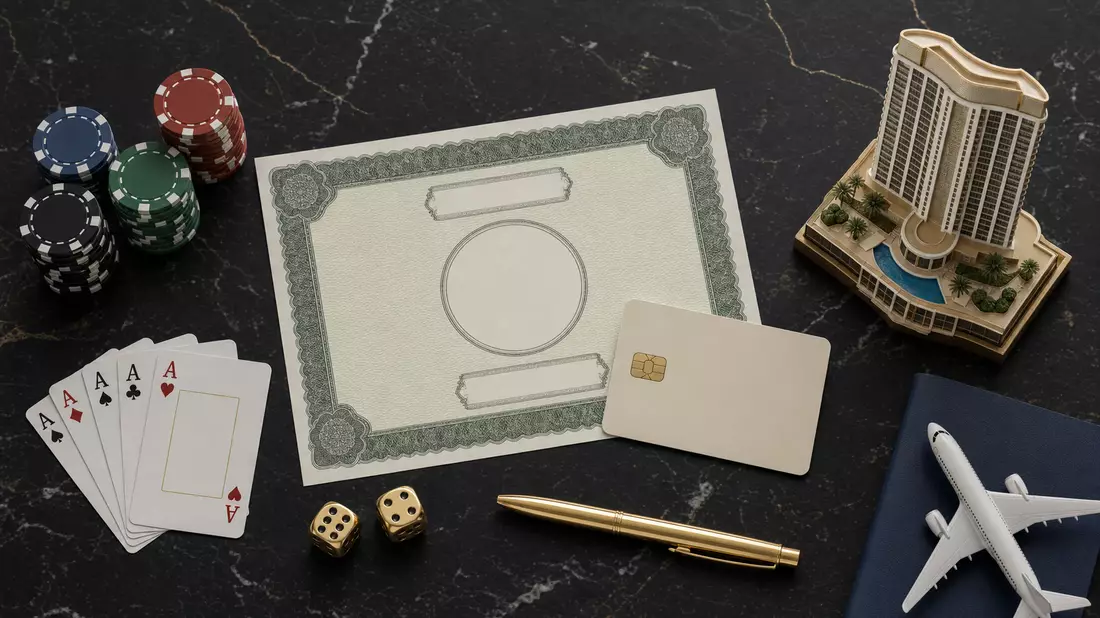 Flatlay mit Aktienzertifikat, ISIN-Karte, Pokerchips und Miniatur-Hotelturm auf Marmor