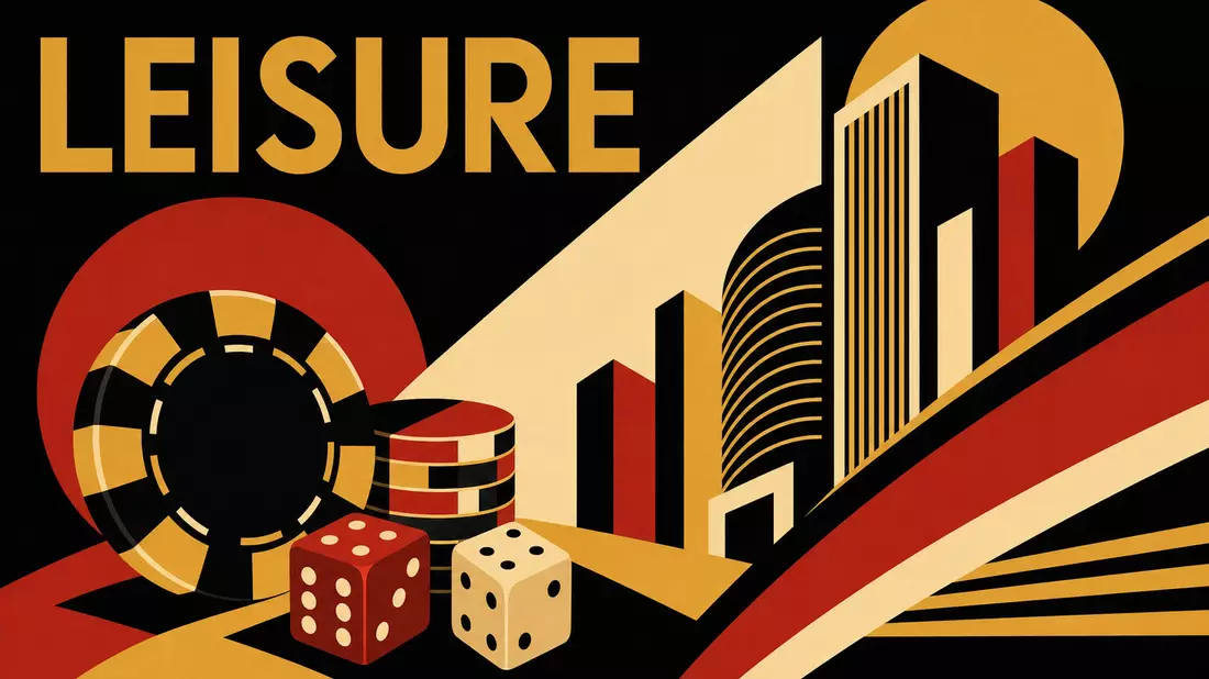 Geometrisches Bauhaus-Poster mit Pokerchips, Würfeln und Hochhaus-Silhouetten in Gold