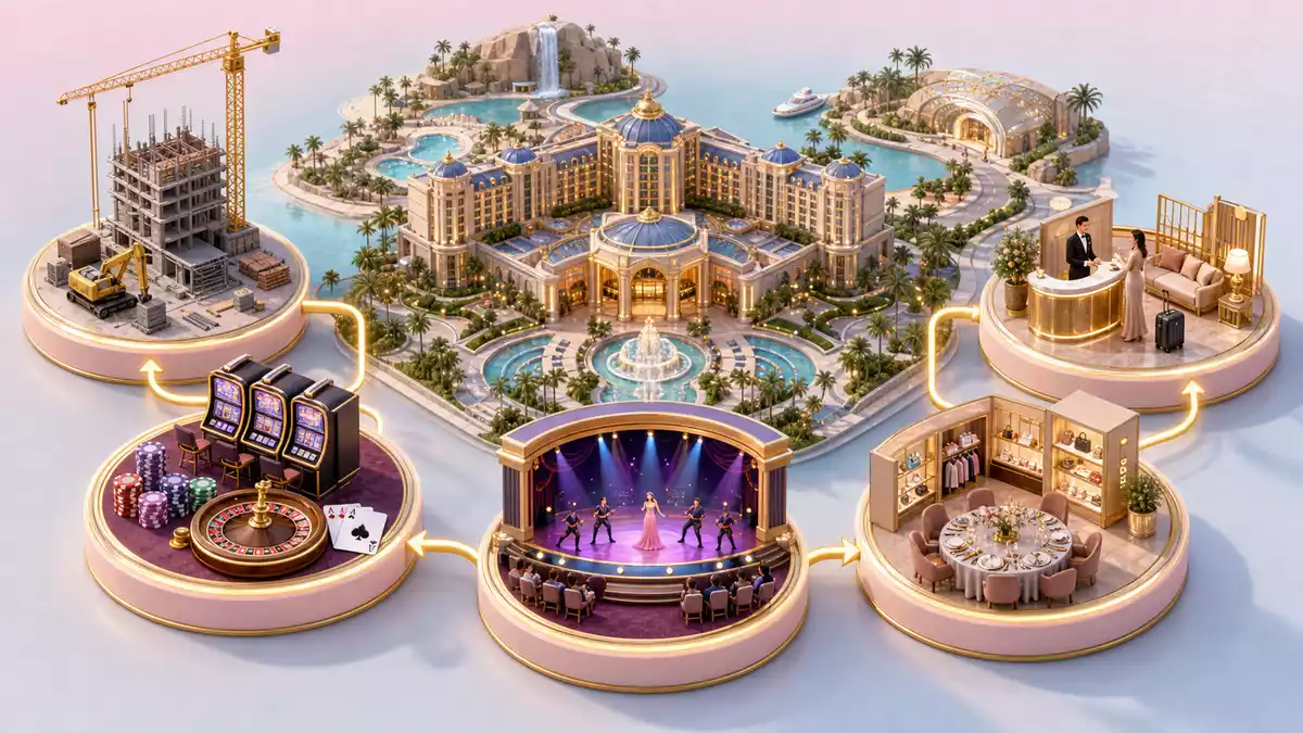 Isometrische 3D-Grafik der Wertschöpfungskette eines Luxus-Resorts mit Casino und Shows