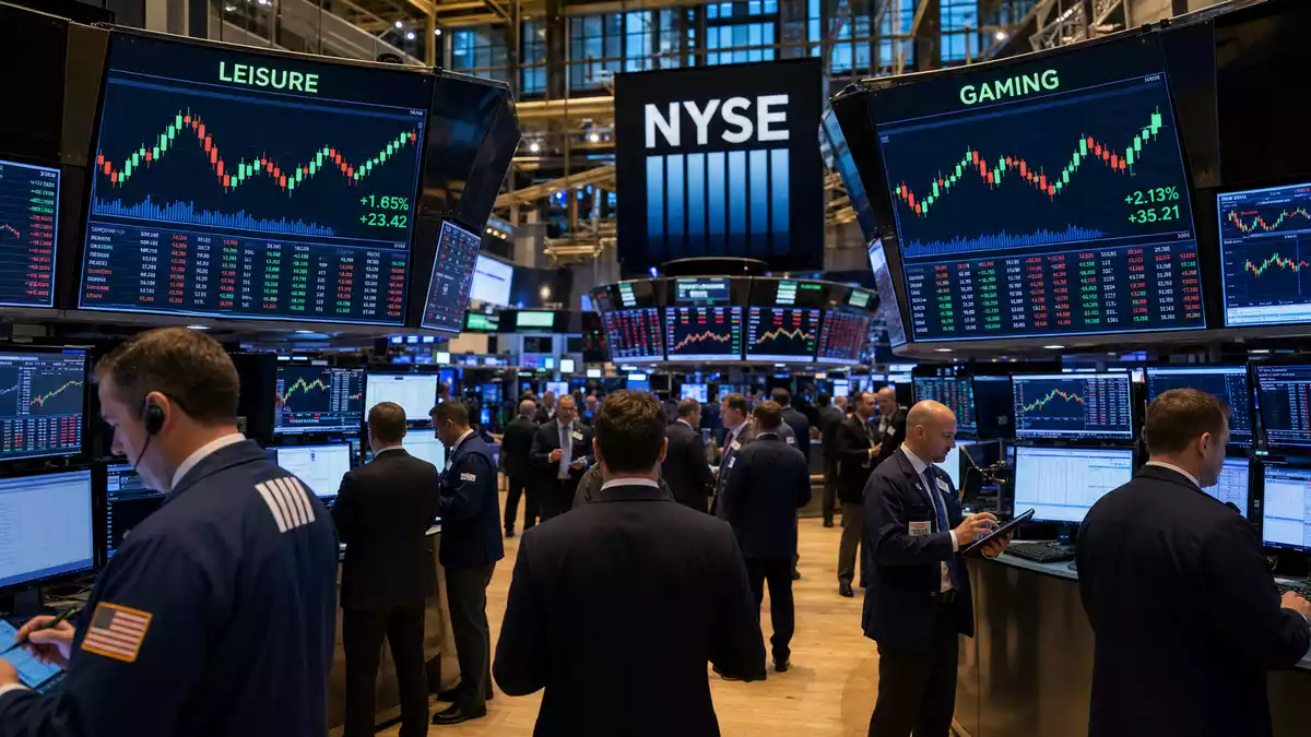 Börsen-Trading-Floor mit Bildschirmen, die Freizeit- und Gaming-Aktienkurse zeigen