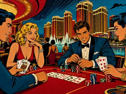Wynn Resorts Ltd (US9831341030) inspiriert eine bunte Pop-Art-Szene mit eleganten Gästen an einem Casino-Kartentisch - Foto: THN