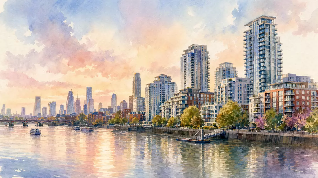 Aquarellbild einer Wohnskyline entlang eines Flusses