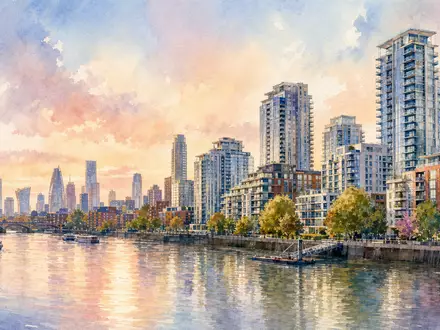 Aquarellmalerei einer britischen Wohnskyline, passend zum Geschäftsfeld von Grainger plc, ISIN GB00B04V1276, in London - Foto: THN