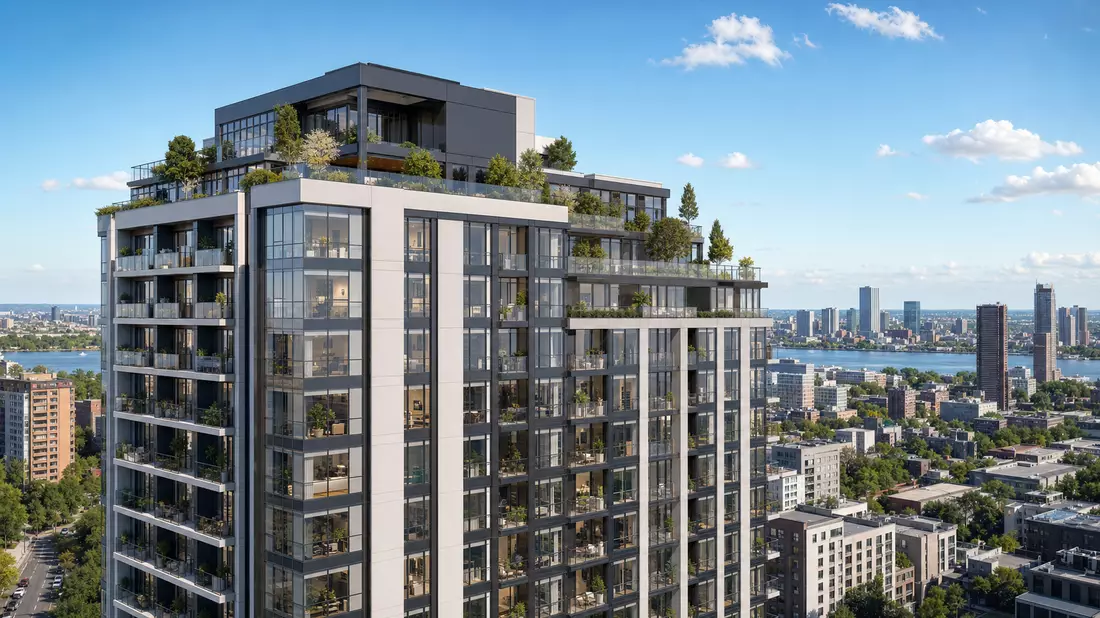 3D-Render eines Wohnhochhauses mit begrünter Dachterrasse