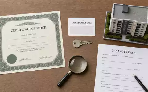 Flatlay mit Aktienzertifikat, ISIN-Karte und Mietvertrag, thematisch verknüpft mit Grainger plc, ISIN GB00B04V1276, Investment - Foto: THN