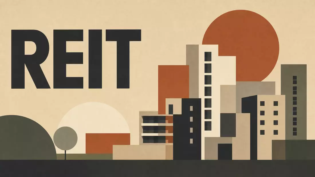 Bauhaus-Poster mit geometrischen Wohngebäuden und Schriftzug REIT