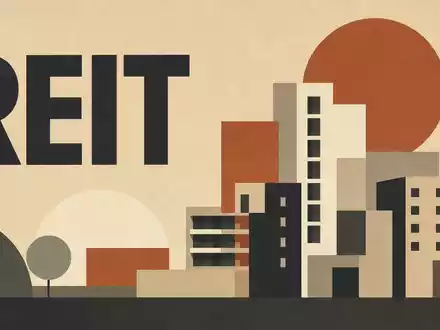 Geometrisches Bauhaus-Poster mit Wohngebäuden und Sektor-Text REIT, stellvertretend für Grainger plc, ISIN GB00B04V1276, Branche - Foto: THN