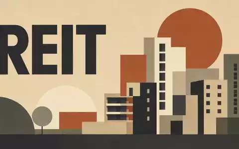 Geometrisches Bauhaus-Poster mit Wohngebäuden und Sektor-Text REIT, stellvertretend für Grainger plc, ISIN GB00B04V1276, Branche - Foto: THN
