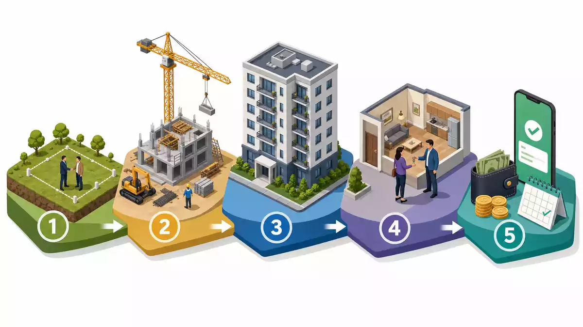 Isometrische Grafik der Wertschöpfungskette bei Wohnimmobilien