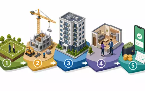 Isometrische 3D-Grafik der Wertschöpfungskette Wohnimmobilien, veranschaulicht das Geschäftsmodell von Grainger plc, ISIN GB00B04V1276 - Foto: THN