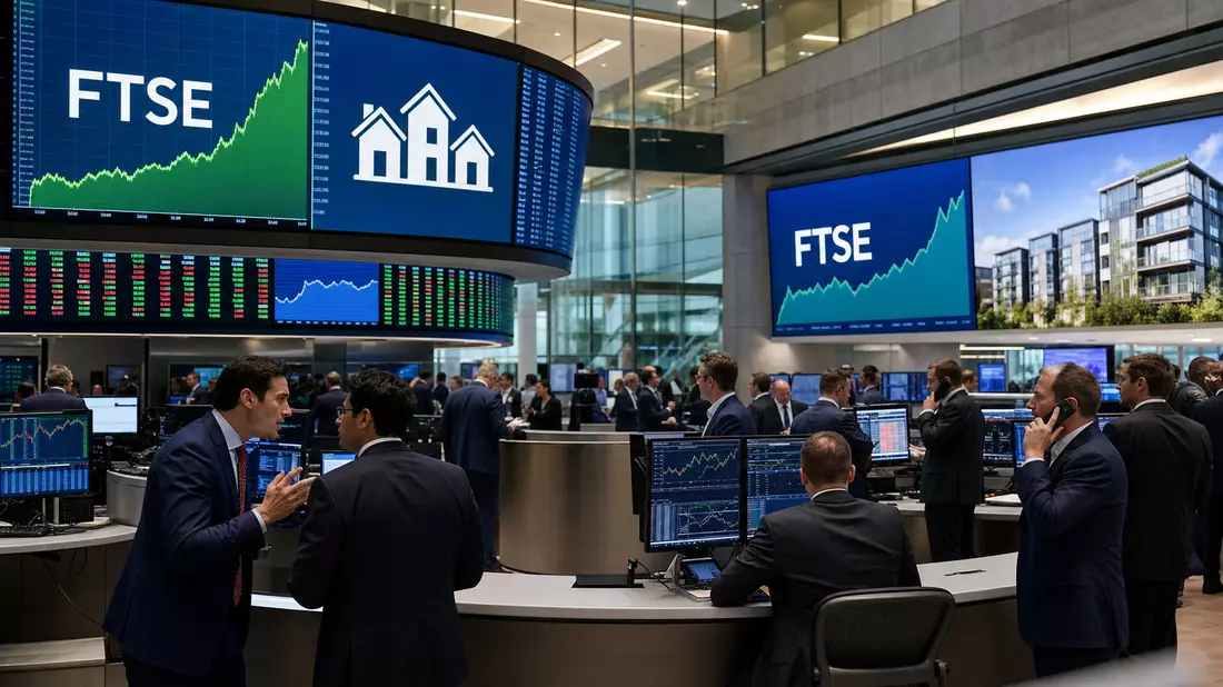 Trading-Floor mit FTSE-Charts und Wohnimmobilien-Symbolen
