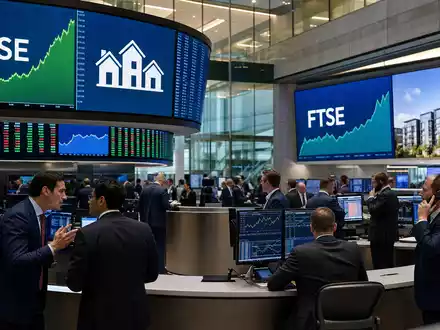 Börsen-Editorialfoto vom Trading-Floor mit FTSE-Charts und Wohnimmobilien-Icons, Bezug zur Notierung von Grainger plc, ISIN GB00B04V1276 - Foto: THN