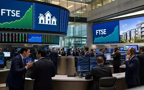 Börsen-Editorialfoto vom Trading-Floor mit FTSE-Charts und Wohnimmobilien-Icons, Bezug zur Notierung von Grainger plc, ISIN GB00B04V1276 - Foto: THN