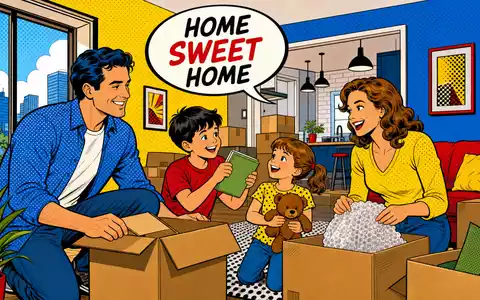 Pop-Art-Comic einer einziehenden Familie in einer Mietwohnung, humorvolle Illustration passend zu Grainger plc, ISIN GB00B04V1276 - Foto: THN
