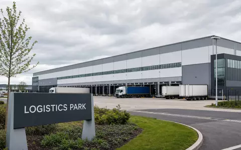 LondonMetric Property Plc GB00B4WFW713 zeigt fotorealistisches britisches Logistikzentrum mit Lkw an Verladerampen davor - Foto: THN