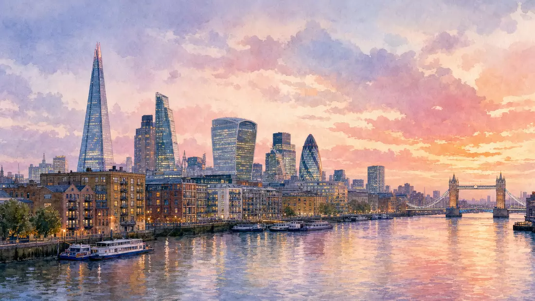 Aquarellbild der Londoner Skyline und Themse in warmen Abendfarben