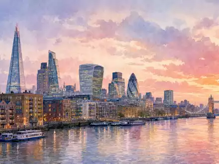 LondonMetric Property Plc GB00B4WFW713 zeigt zarte Aquarellmalerei der Londoner Skyline entlang der Themse bei Sonnenuntergang - Foto: THN