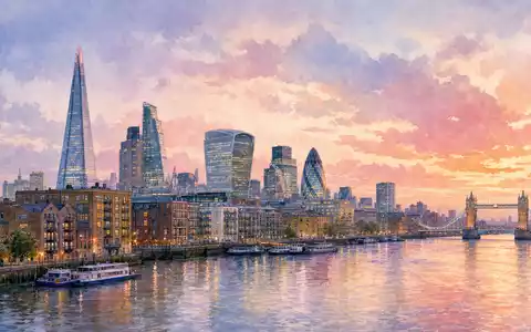 LondonMetric Property Plc GB00B4WFW713 zeigt zarte Aquarellmalerei der Londoner Skyline entlang der Themse bei Sonnenuntergang - Foto: THN