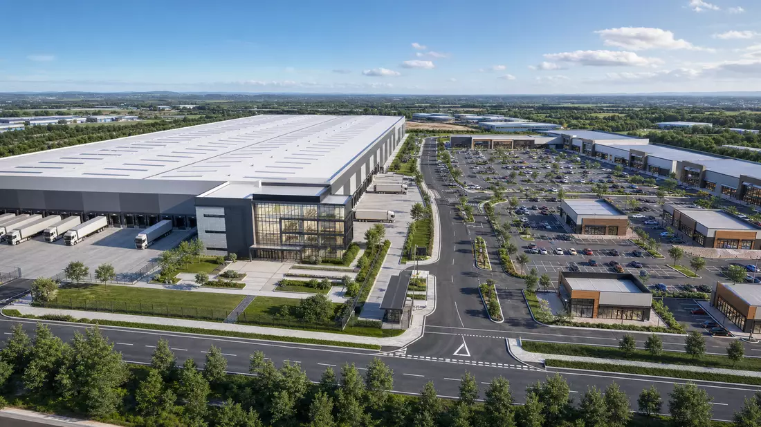 Architektonische 3D-Visualisierung eines großen Logistik- und Gewerbeparks von oben