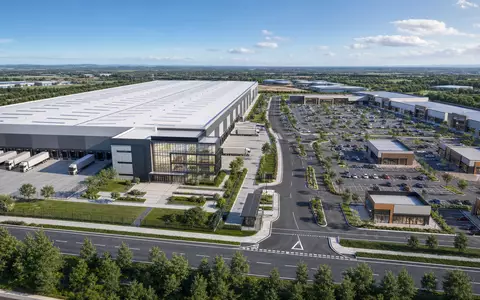 LondonMetric Property Plc GB00B4WFW713 präsentiert modernen Architektur-Render eines Logistik- und Gewerbeparks aus der Luft - Foto: THN