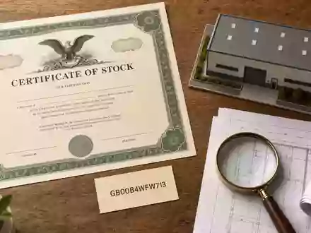 LondonMetric Property Plc GB00B4WFW713 kombiniert stilvolles Flatlay aus Aktienzertifikat, ISIN-Karte und kleinem Miniatur-Lagerhallenmodell heute - Foto: THN