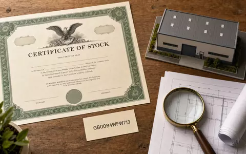 LondonMetric Property Plc GB00B4WFW713 kombiniert stilvolles Flatlay aus Aktienzertifikat, ISIN-Karte und kleinem Miniatur-Lagerhallenmodell heute - Foto: THN