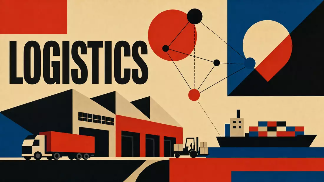 Geometrisches Bauhaus-Poster mit Schriftzug LOGISTICS und stilisierten Lagerhallen