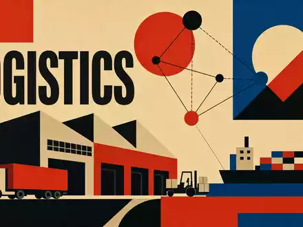 LondonMetric Property Plc GB00B4WFW713 vereint geometrisches Bauhaus-Poster mit Text LOGISTICS und Lagerhallen-Symbolen - Foto: THN