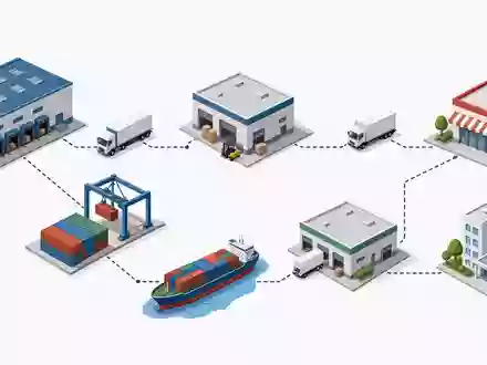 LondonMetric Property Plc GB00B4WFW713 illustriert isometrisches 3D-Diagramm der logistischen Wertschöpfungskette mit Gebäuden - Foto: THN