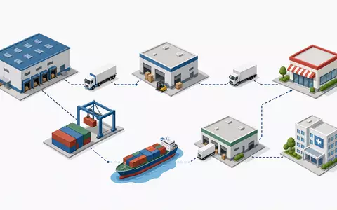 LondonMetric Property Plc GB00B4WFW713 illustriert isometrisches 3D-Diagramm der logistischen Wertschöpfungskette mit Gebäuden - Foto: THN