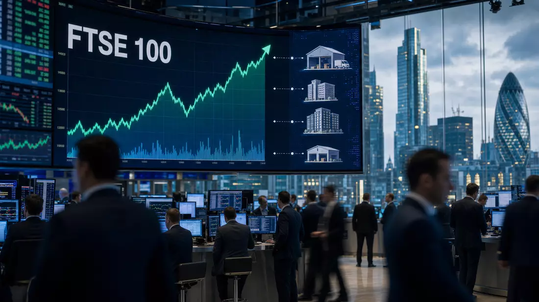 Trading-Raum mit FTSE 100 Kurschart und Immobiliensymbolen auf großem Bildschirm