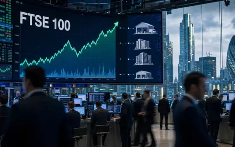 LondonMetric Property Plc GB00B4WFW713 zeigt Börsen-Editorial mit FTSE 100 Kurscharts und Immobiliensymbolen im Handelsraum - Foto: THN