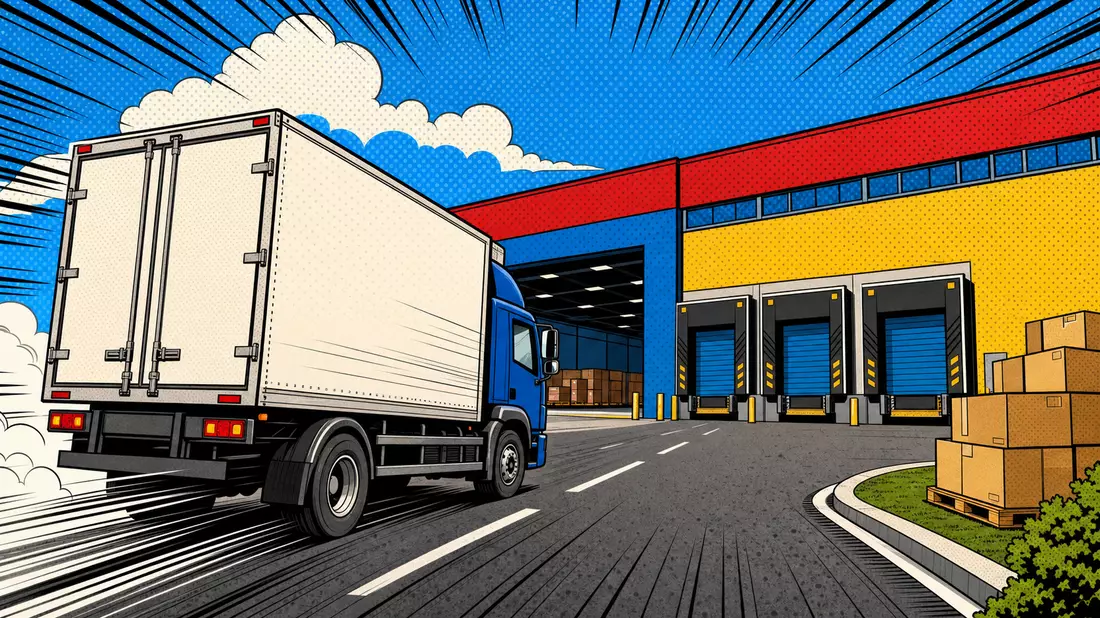 Pop-Art-Comicillustration eines Lieferwagens vor einer bunten Lagerhalle