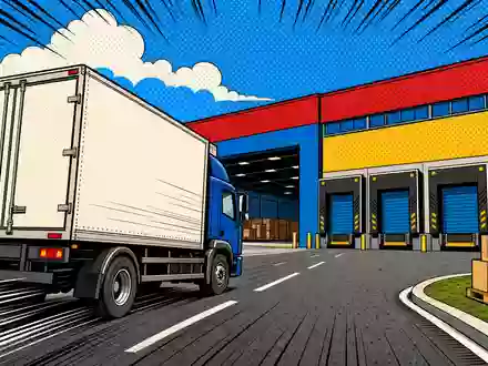 LondonMetric Property Plc GB00B4WFW713 stellt farbenfrohe Pop-Art-Comicszene mit Lieferwagen vor Lagerhalle dar - Foto: THN