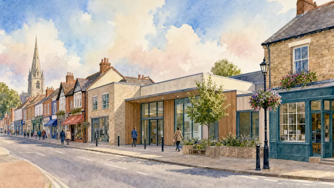 Aquarellmalerei einer britischen Hauptstraße mit modernem Gesundheitszentrum zwischen traditionellen Geschäften