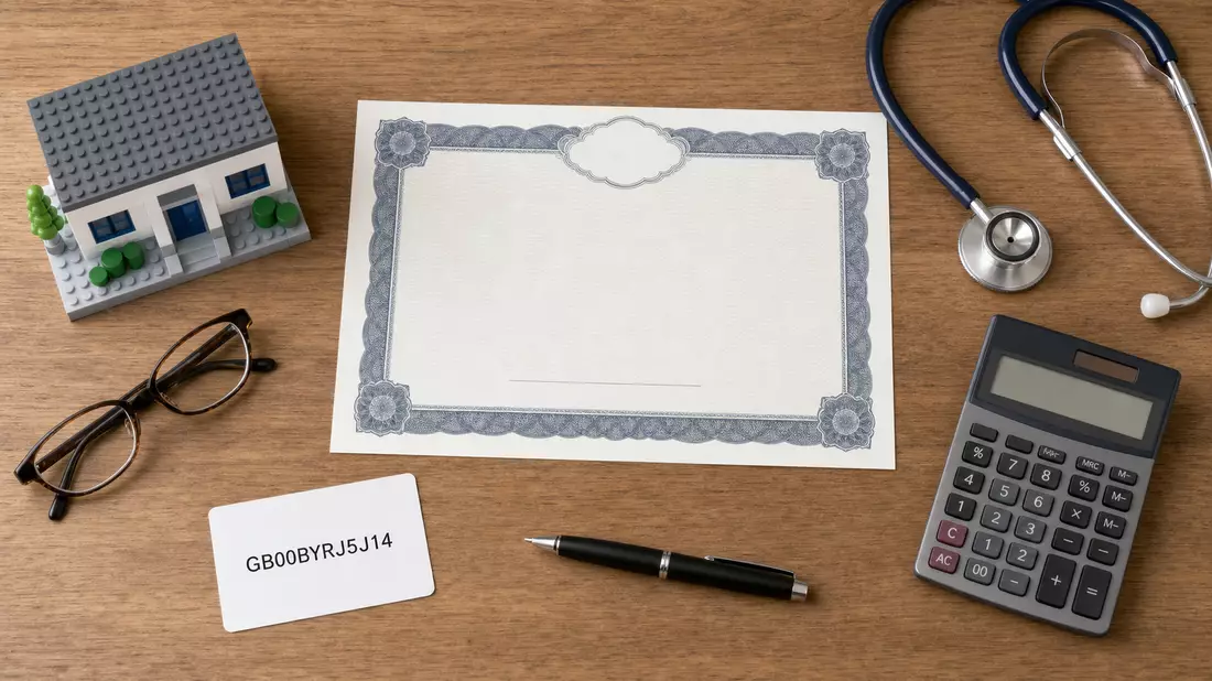 Flatlay-Anordnung mit Aktienzertifikat, ISIN-Karte, Stethoskop und Klinikmodell auf Holztisch