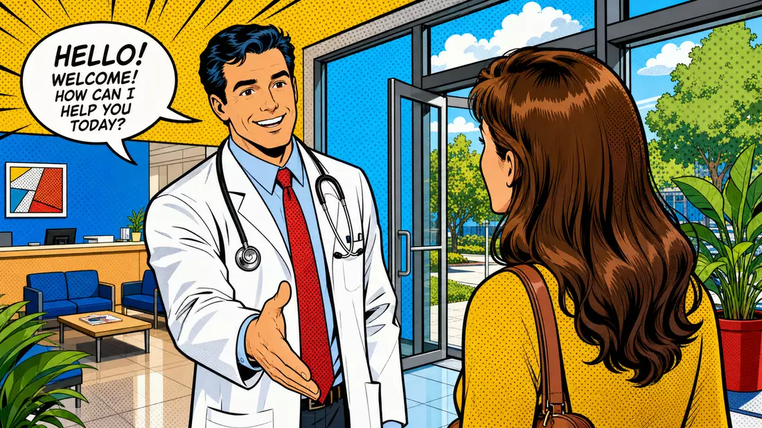 Pop-Art-Comic-Illustration eines freundlichen Arztes, der eine Patientin am Klinikeingang begrüßt