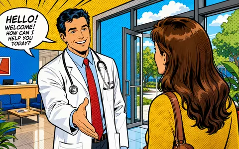 Primary Health Properties PLC (GB00BYRJ5J14) steht für freundliche Zentren, inszeniert als Comic mit Arzt - Foto: THN