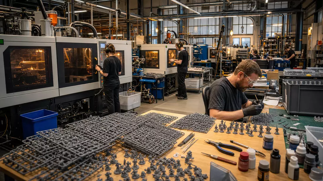 Fotorealistische Werkstatt mit Spritzgussmaschinen und unbemalten Miniaturfiguren