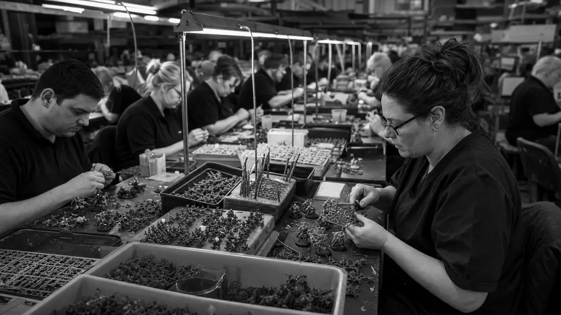 Schwarzweiß-Reportagefoto von Arbeitern beim Zusammenbau von Modellbausätzen