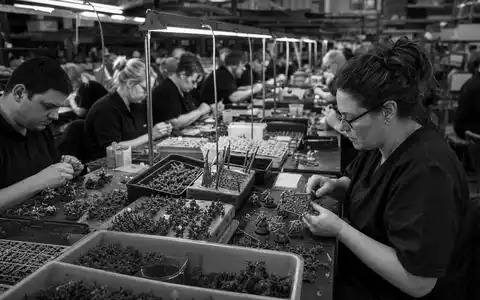 Games Workshop Group PLC (ISIN GB0003718474) Produktionsmitarbeiter montieren Kunststoff-Modellbausätze in dokumentarischer Schwarzweiß-Aufnahme - Foto: THN
